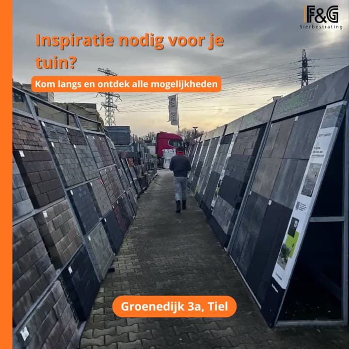 Advertentie voor F&G Sierbestrating: showroom vol tegelrekken — inspiratie nodig voor je tuin?