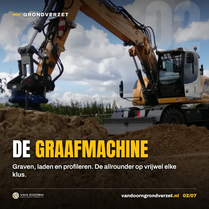 Advertentie voor Van Doorn: de graafmachine — graven, laden en profileren.
