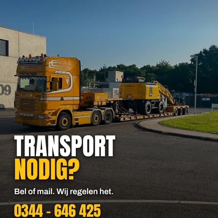 Advertentie voor Van Doorn: transport nodig? Truck met dieplader en graafmachine.