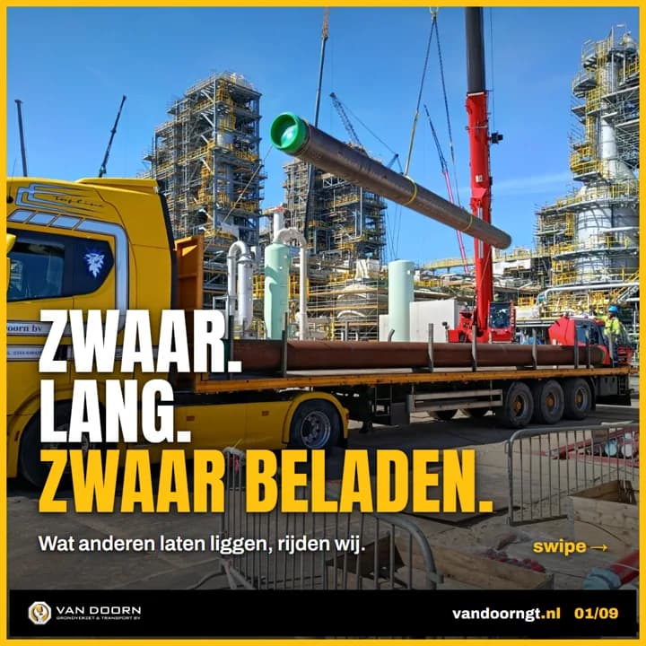 Advertentie voor Van Doorn: zwaar, lang en zwaar beladen — buizentransport op de industrie.